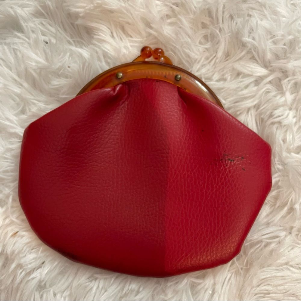 Vintage Crimson Leather and Amber Lucite Handle Kiss Lock Coin Purse